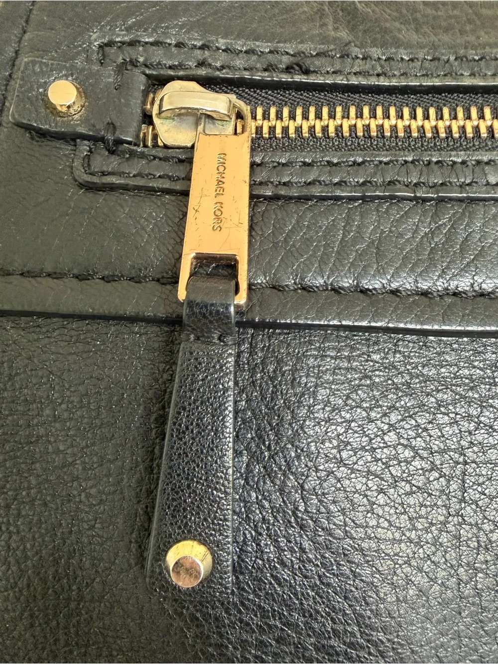 Michael Kors Black Pebbled Leather Tote Handbag Gold MK Medallion